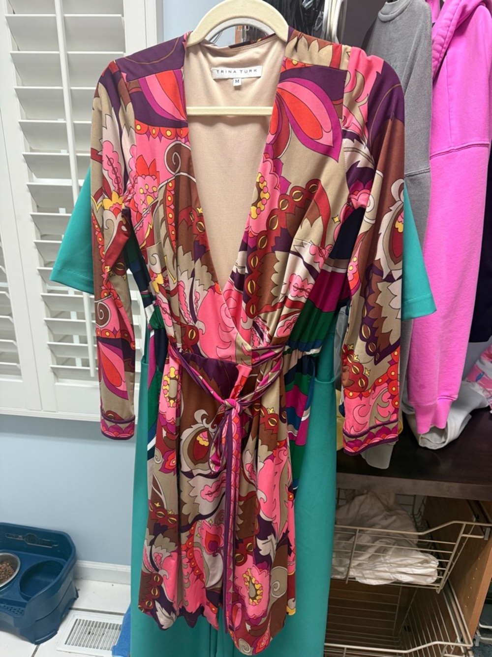 Trina Turk Pink Multicolor Paisley Wrap Dress with Teal Accents